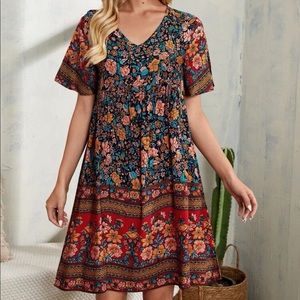 Boho floral print V neck smock dress